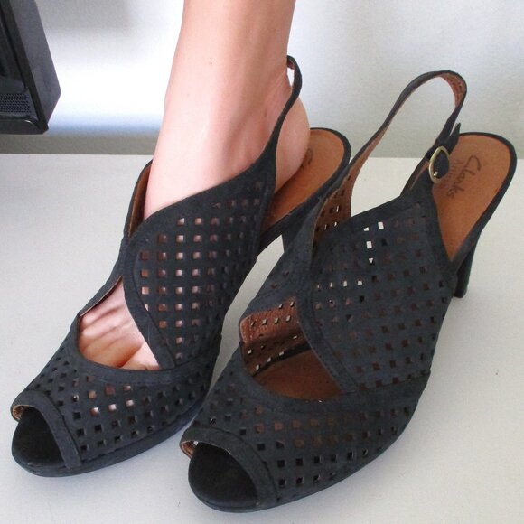 Clarks Artisan Womens Black Suede Lasercut Slingback Platform Peep Heel - 11M - Picture 6 of 9